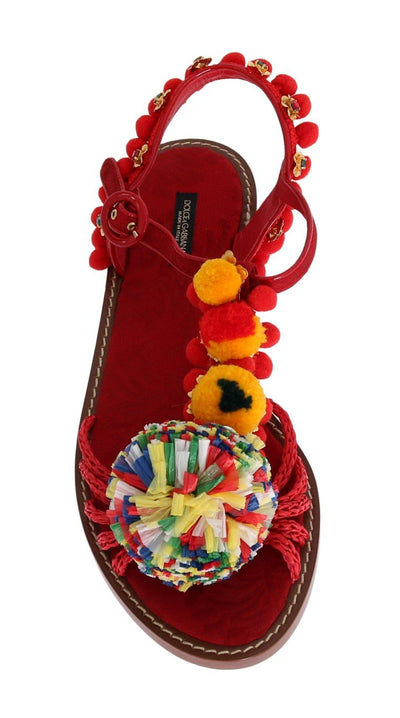 Red Leather Pom Pom Crystal Sandals