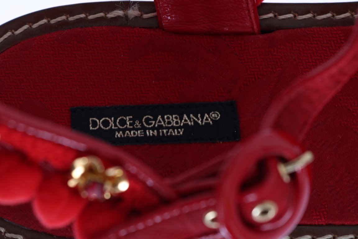 Red Leather Pom Pom Crystal Sandals