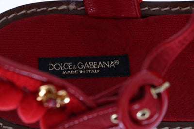 Red Leather Pom Pom Crystal Sandals