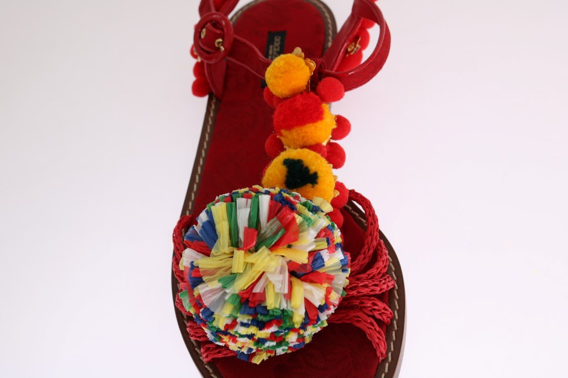 Red Leather Pom Pom Crystal Sandals