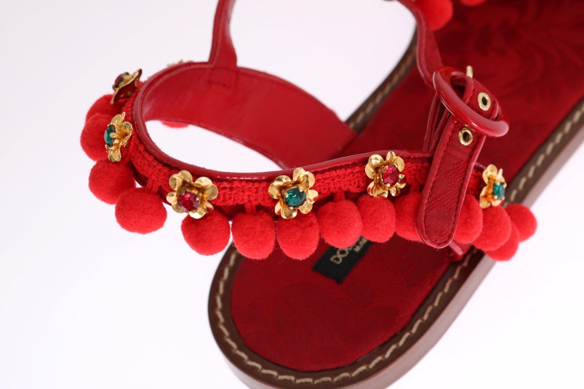 Red Leather Pom Pom Crystal Sandals
