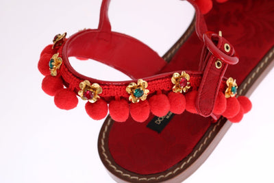 Red Leather Pom Pom Crystal Sandals