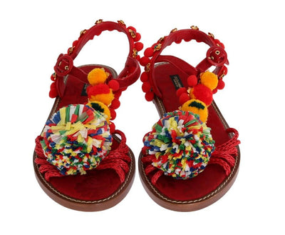 Red Leather Pom Pom Crystal Sandals