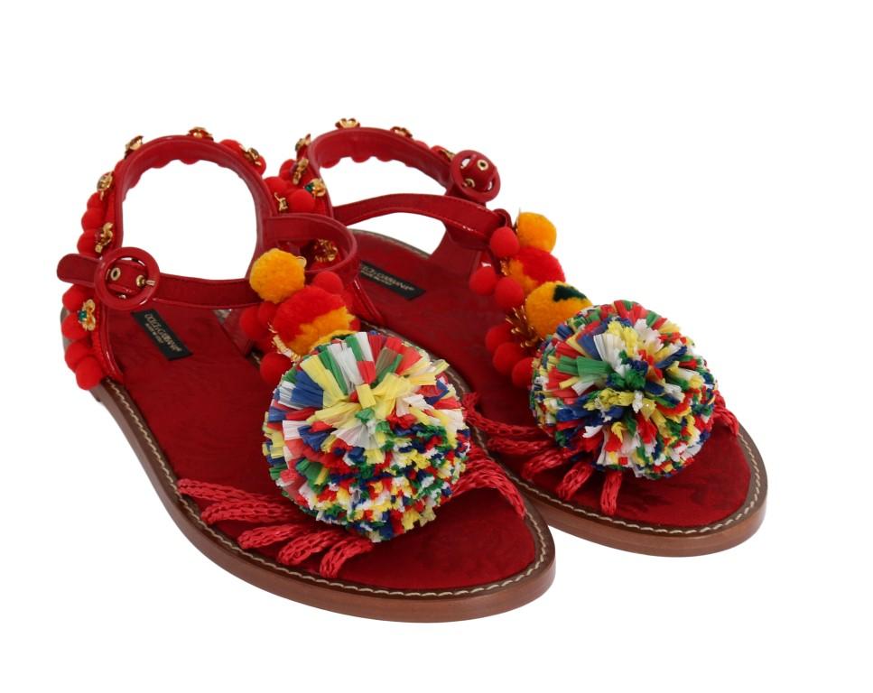 Red Leather Pom Pom Crystal Sandals