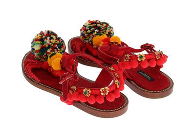 Red Leather Pom Pom Crystal Sandals