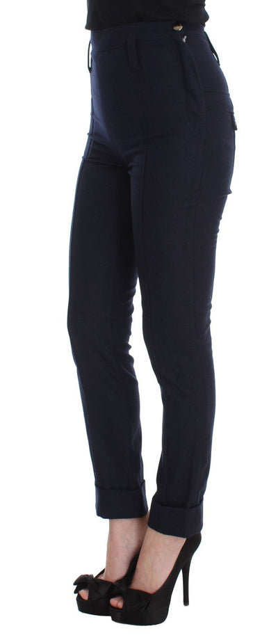 Blue Virgin Wool Slim Fit Casual Pants
