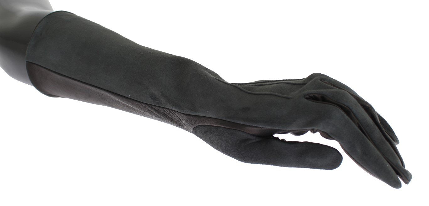 Gray Leather Silk Lined Elbow Long Gloves