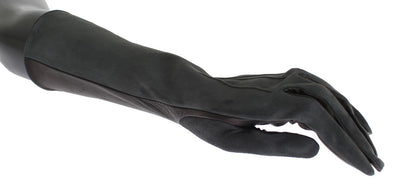 Gray Leather Silk Lined Elbow Long Gloves