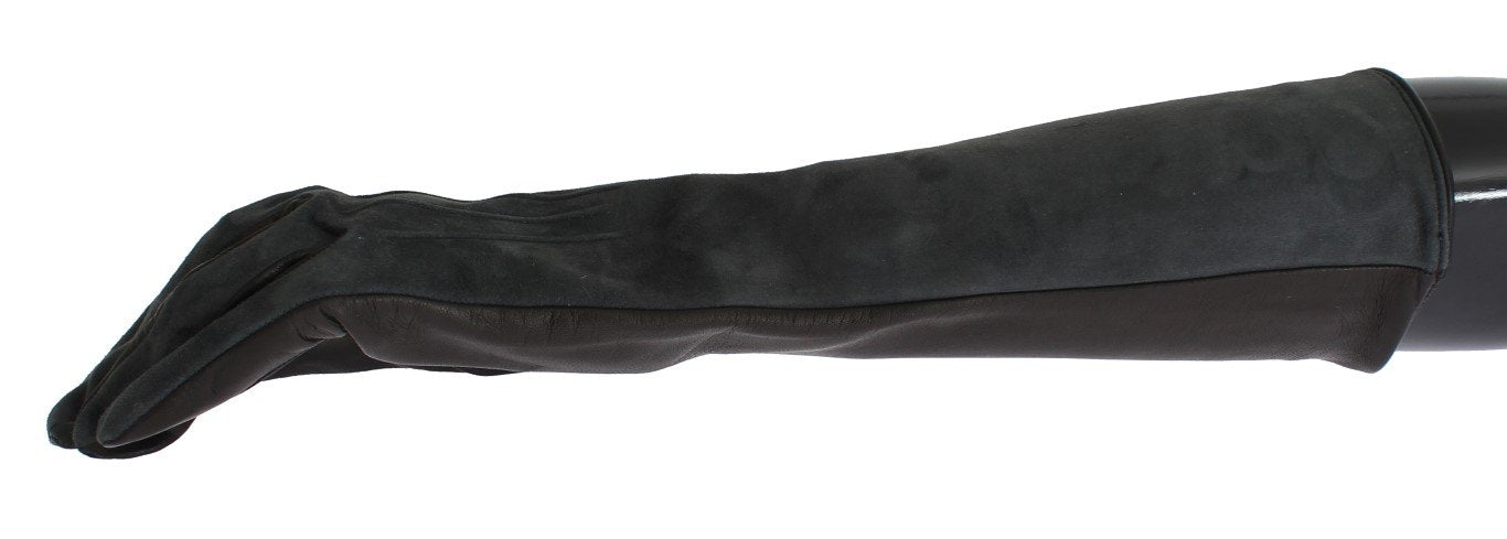 Gray Leather Silk Lined Elbow Long Gloves