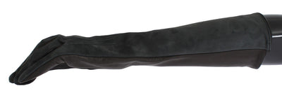 Gray Leather Silk Lined Elbow Long Gloves