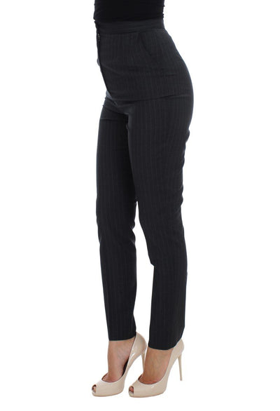 Gray Striped Wool High Waist Slim Pants
