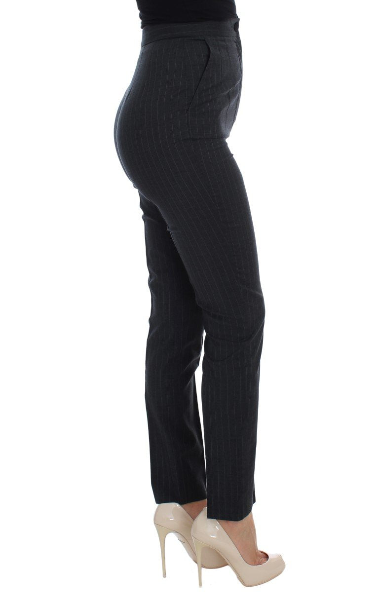 Gray Striped Wool High Waist Slim Pants