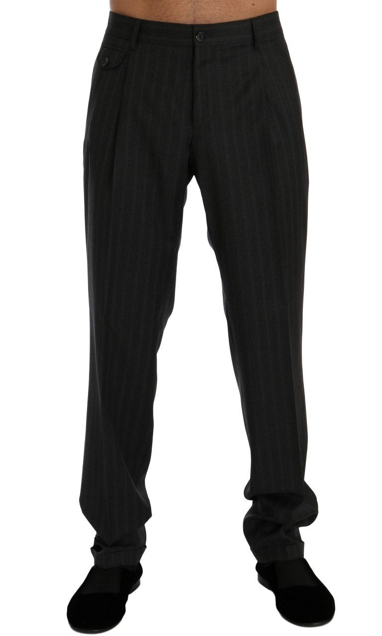 Gray Striped Wool Stretch Formal Pants