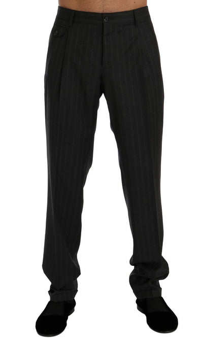 Gray Striped Wool Stretch Formal Pants