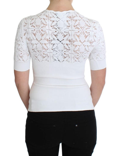 White Floral Ricamo Sweater V-neck Top