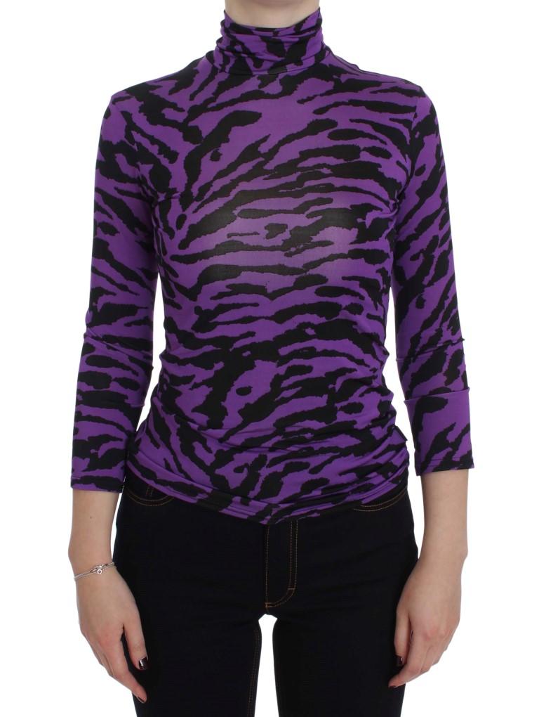 Purple Tiger Print Stretch Turtleneck Sweater