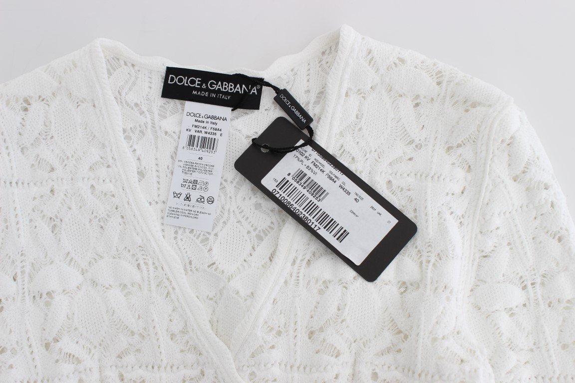 White Floral Ricamo Sweater V-neck Top