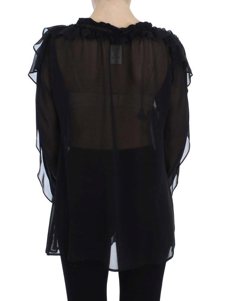 Black Ruffled Transparent Blouse Top