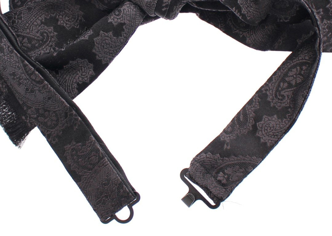 Black Gray Silk Baroque Paisley Bow Tie