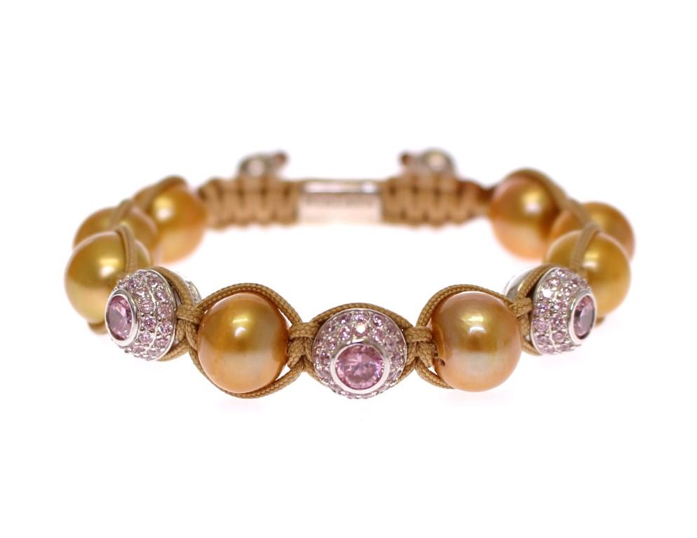 Gold Sea Pearls Pink CZ 925 Silver Bracelet