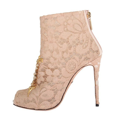 Beige Crystal Lace Booties Stiletto Shoes