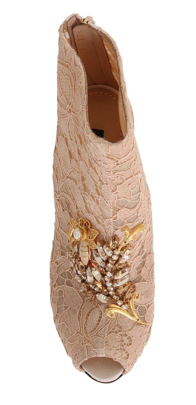Beige Crystal Lace Booties Stiletto Shoes
