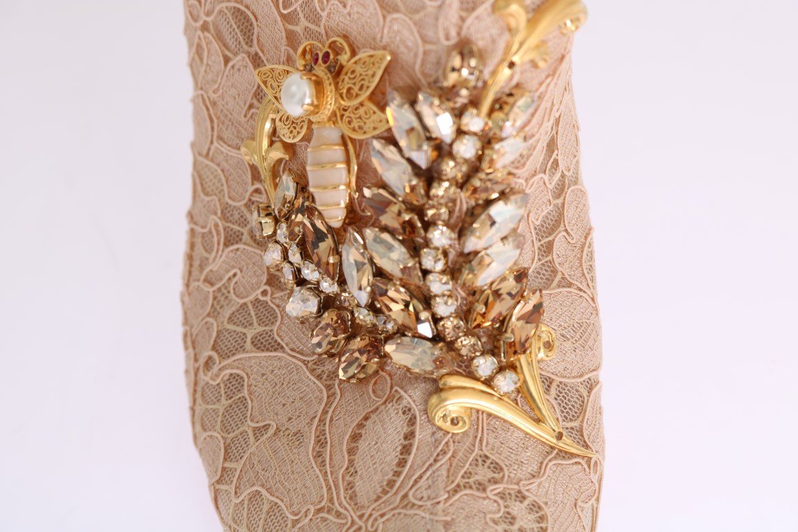 Beige Crystal Lace Booties Stiletto Shoes