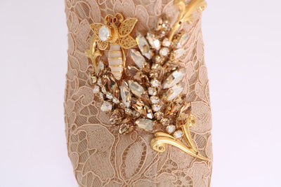 Beige Crystal Lace Booties Stiletto Shoes