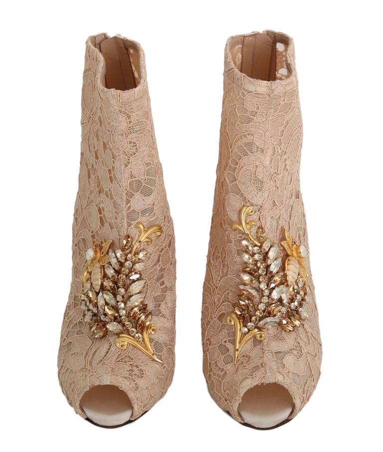 Beige Crystal Lace Booties Stiletto Shoes