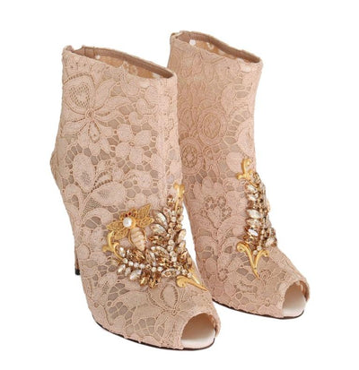 Beige Crystal Lace Booties Stiletto Shoes