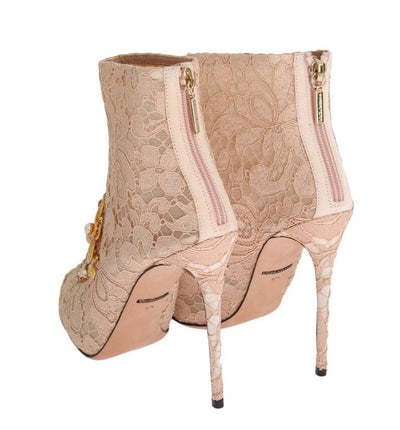 Beige Crystal Lace Booties Stiletto Shoes