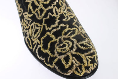 Gray Velvet Gold Embroidery Loafers