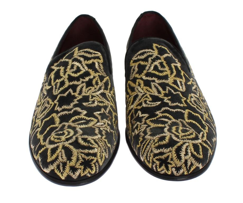 Gray Velvet Gold Embroidery Loafers