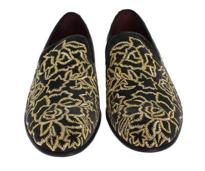 Gray Velvet Gold Embroidery Loafers