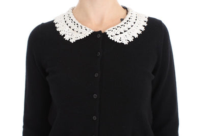Black Wool Ricamo Cardigan Sweater