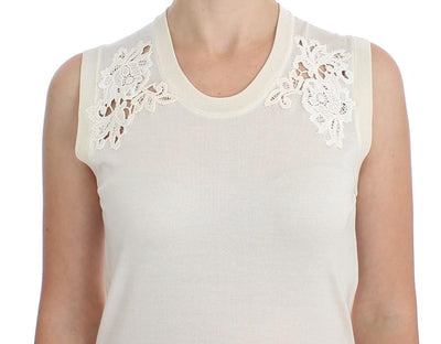 White Silk Ricamo Crewneck Top