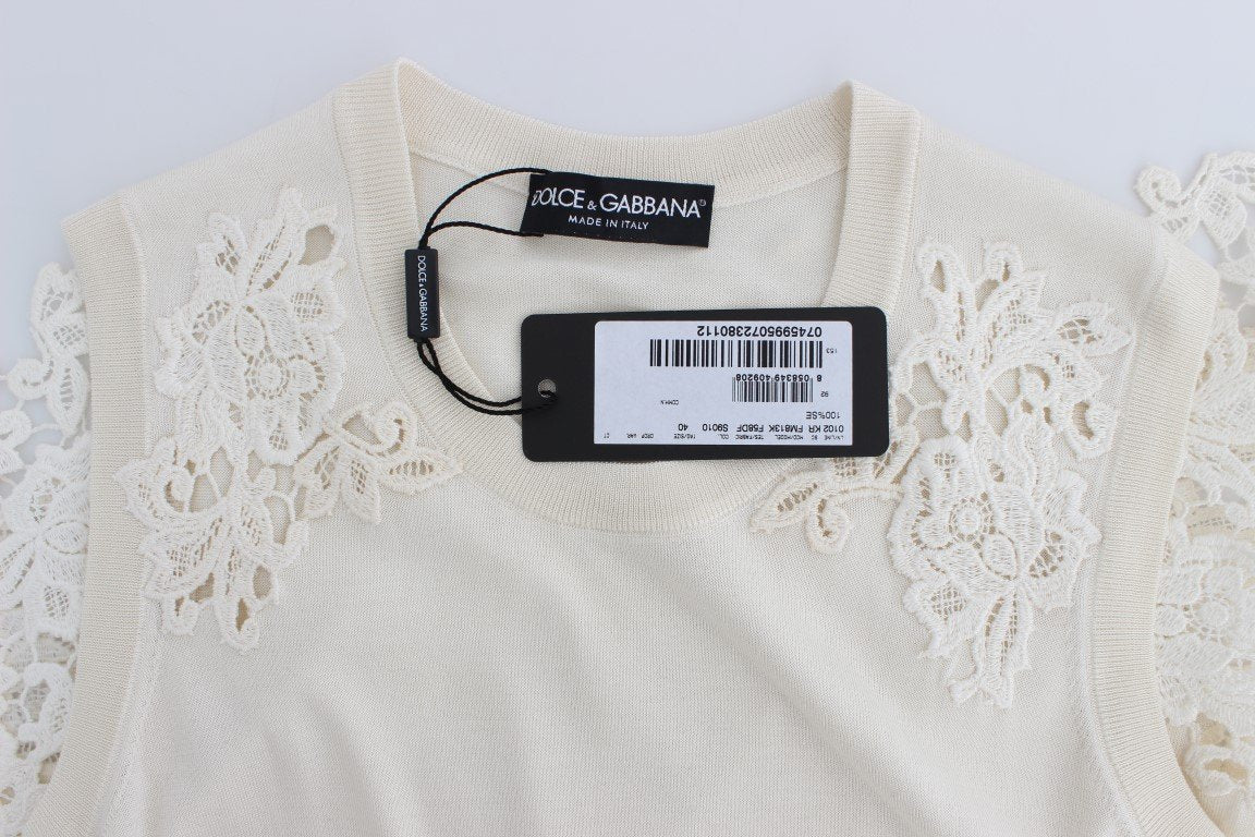 White Silk Ricamo Crewneck Top