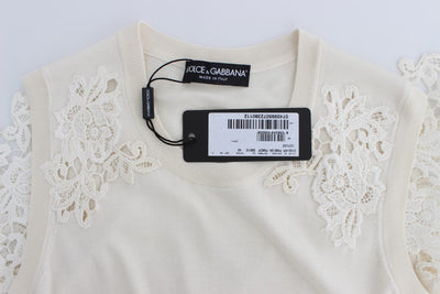 White Silk Ricamo Crewneck Top