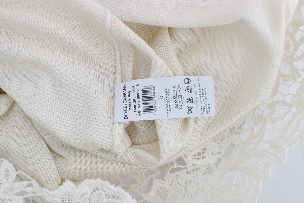 White Silk Ricamo Crewneck Top
