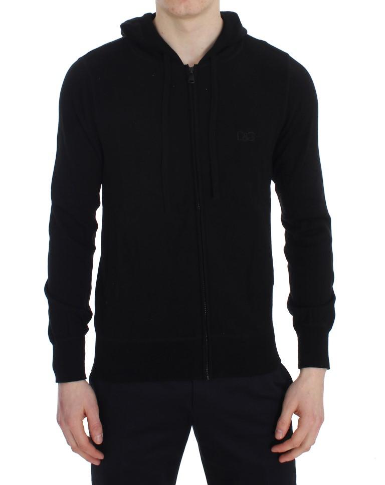 Black Zipper Hooded Cotton Cashmere Sweater