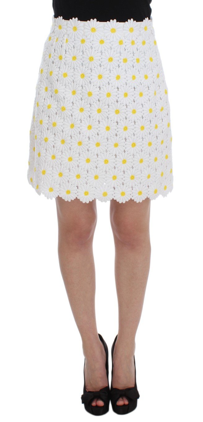 White Floral Ricamo A-Line Skirt