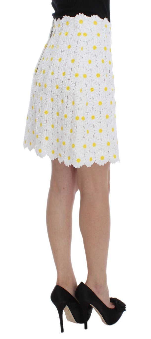 White Floral Ricamo A-Line Skirt