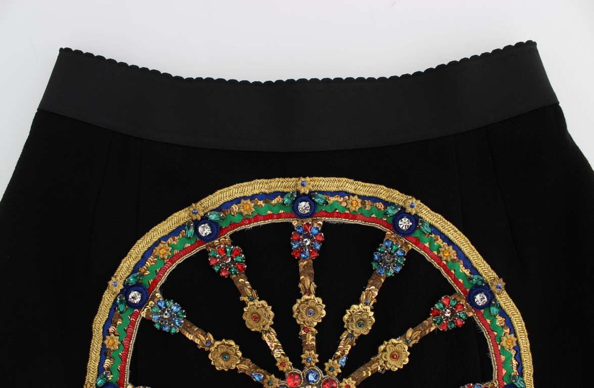 Black Wool Carretto Crystal A-Line Skirt