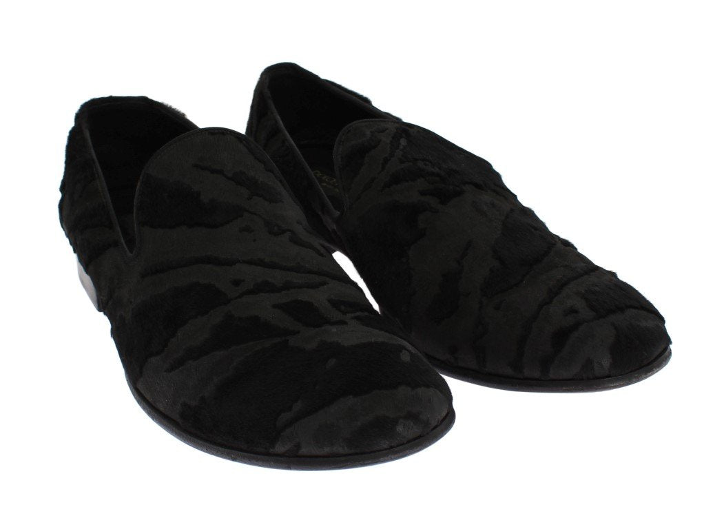 Black Leather Pony Hair Loafers