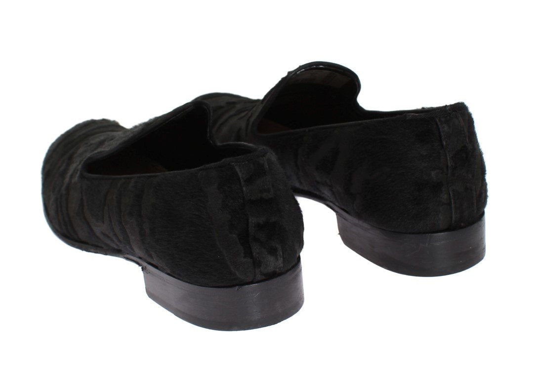 Black Leather Pony Hair Loafers
