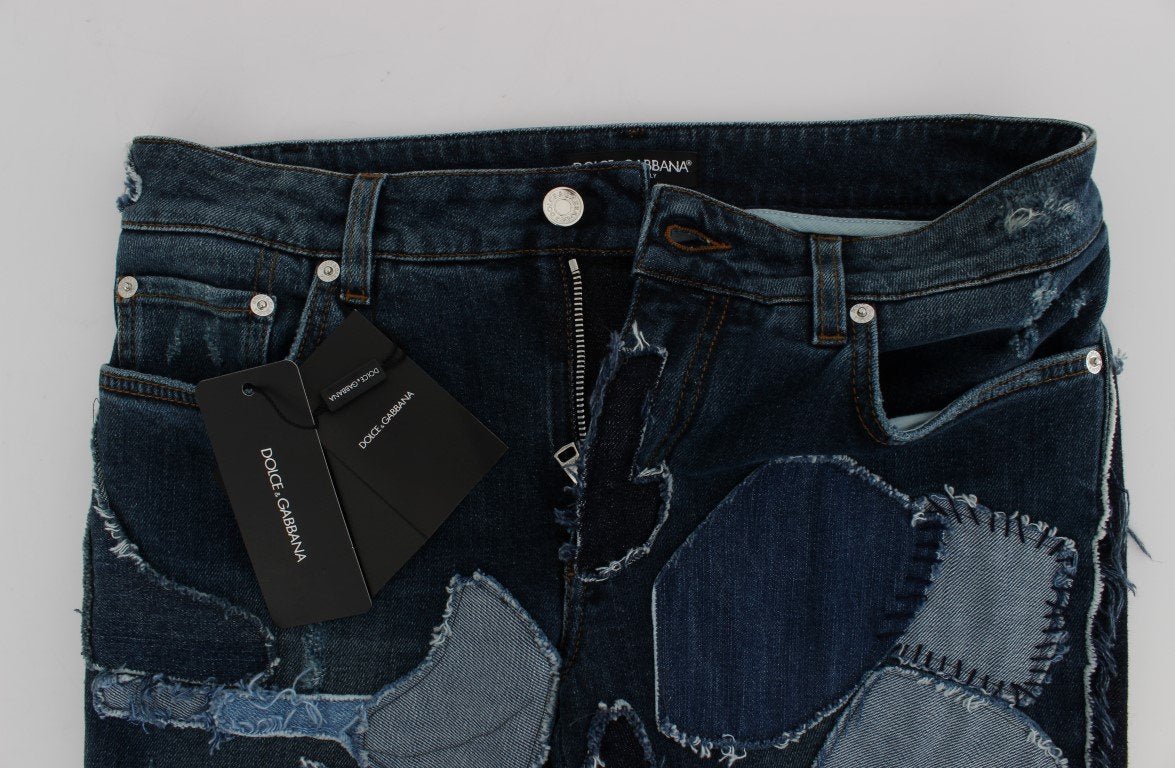 Blue Cotton Stretch Patchwork Denim Jeans