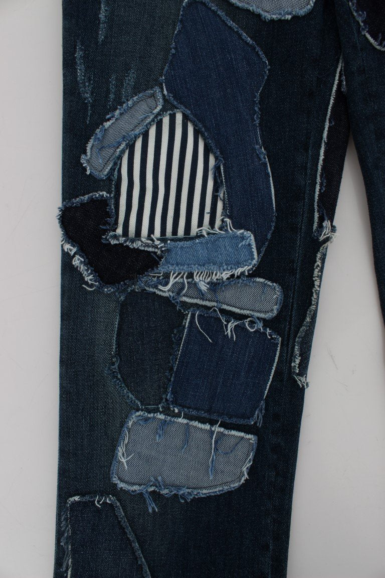 Blue Cotton Stretch Patchwork Denim Jeans