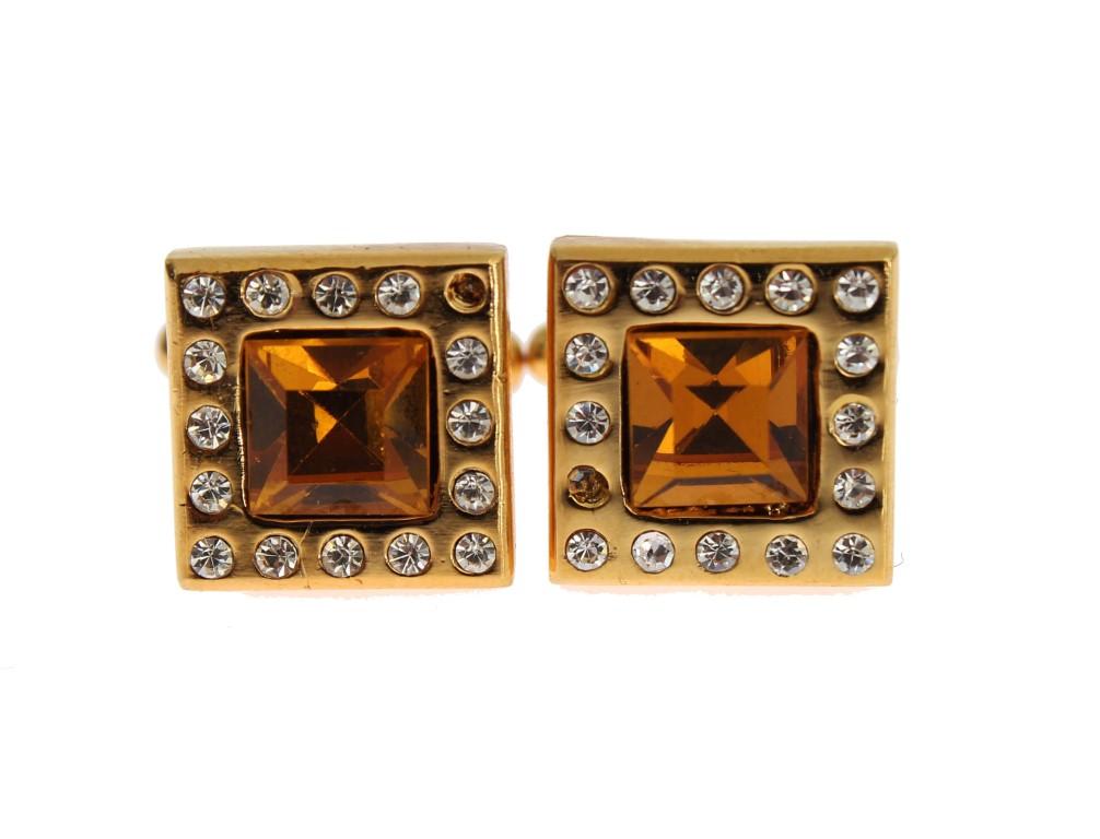 Clear Orange Crystal Gold Brass Cufflinks