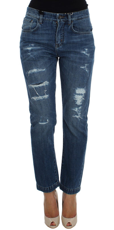Blue Wash Torn Cotton Boyfriend Fit Jeans