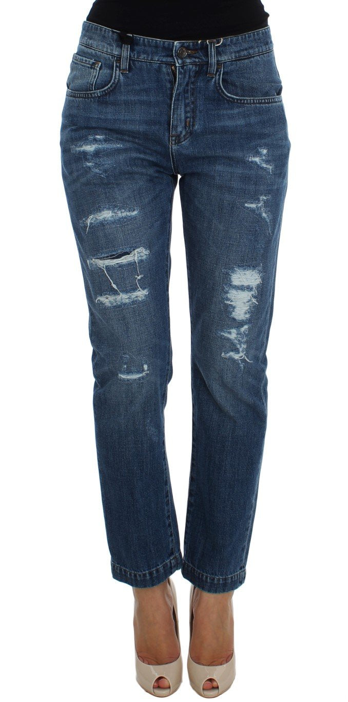 Blue Wash Torn Cotton Boyfriend Fit Jeans